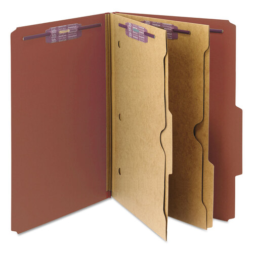 SMD19079 - Smead - 6-Section Pressboard Top Tab Pocket Classification Folders, 6 SafeSHIELD Fasteners, 2 Dividers, Legal Size, Red, 10/Box