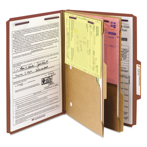 SMD19079 - Smead - 6-Section Pressboard Top Tab Pocket Classification Folders, 6 SafeSHIELD Fasteners, 2 Dividers, Legal Size, Red, 10/Box