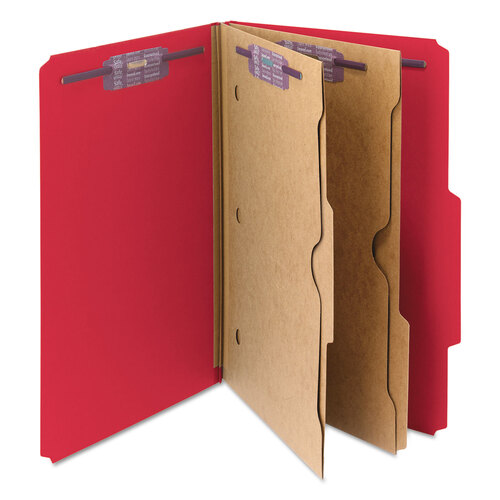 SMD19082 - Smead - 6-Section Pressboard Top Tab Pocket Classification Folders, 6 SafeSHIELD Fasteners, 2 Dividers, Legal Size, Bright Red, 10/BX