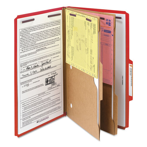 SMD19082 - Smead - 6-Section Pressboard Top Tab Pocket Classification Folders, 6 SafeSHIELD Fasteners, 2 Dividers, Legal Size, Bright Red, 10/BX