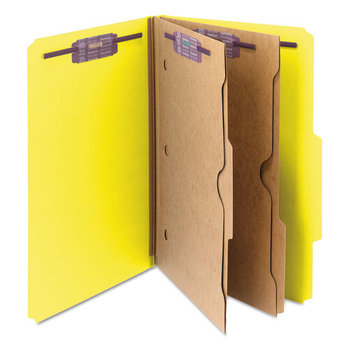 SMD19084 - Smead - 6-Section Pressboard Top Tab Pocket Classification Folders, 6 SafeSHIELD Fasteners, 2 Dividers, Legal Size, Yellow, 10/Box