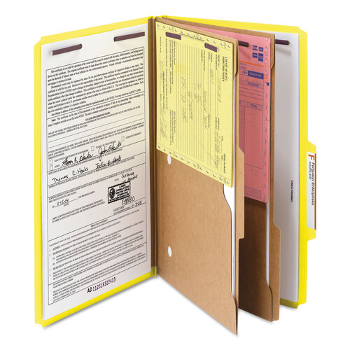 SMD19084 - Smead - 6-Section Pressboard Top Tab Pocket Classification Folders, 6 SafeSHIELD Fasteners, 2 Dividers, Legal Size, Yellow, 10/Box