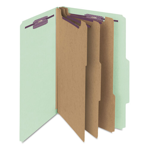 SMD19091 - Smead - Pressboard Classification Folders, Eight SafeSHIELD Fasteners, 2/5-Cut Tabs, 3 Dividers, Legal Size, Gray-Green, 10/Box