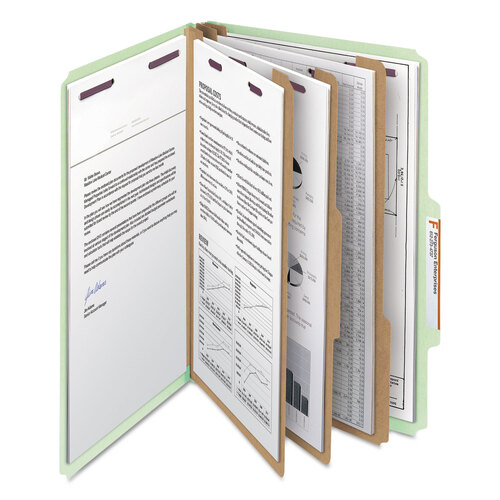 SMD19091 - Smead - Pressboard Classification Folders, Eight SafeSHIELD Fasteners, 2/5-Cut Tabs, 3 Dividers, Legal Size, Gray-Green, 10/Box