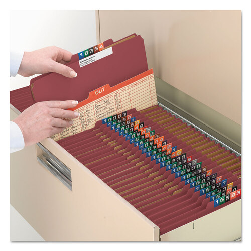 SMD19092 - Smead - Pressboard Classification Folders, Eight SafeSHIELD Fasteners, 2/5-Cut Tabs, 3 Dividers, Legal Size, Red, 10/Box