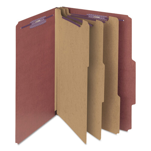 SMD19092 - Smead - Pressboard Classification Folders, Eight SafeSHIELD Fasteners, 2/5-Cut Tabs, 3 Dividers, Legal Size, Red, 10/Box