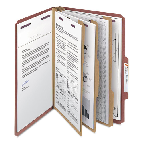 SMD19092 - Smead - Pressboard Classification Folders, Eight SafeSHIELD Fasteners, 2/5-Cut Tabs, 3 Dividers, Legal Size, Red, 10/Box