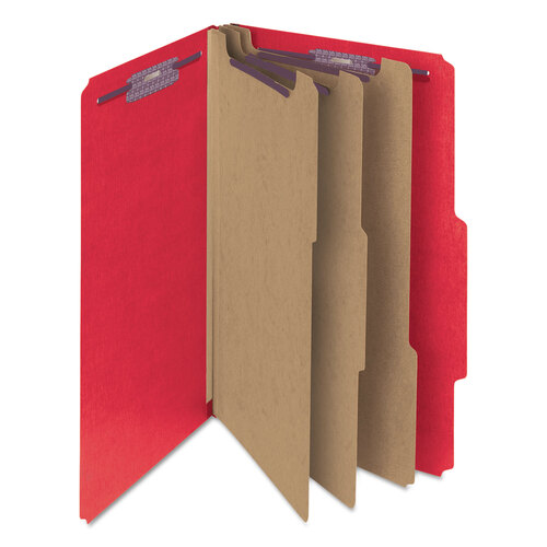 SMD19095 - Smead - Eight-Section Pressboard Top Tab Classification Folders, 8 SafeSHIELD Fasteners, 3 Dividers, Legal Size, Bright Red, 10/Box