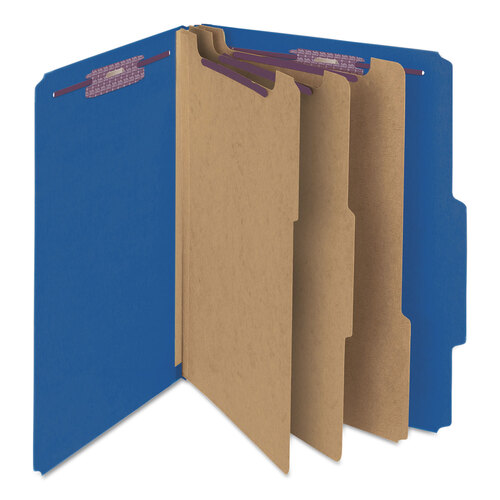 SMD19096 - Smead - Eight-Section Pressboard Top Tab Classification Folders, 8 SafeSHIELD Fasteners, 3 Dividers, Legal Size, Dark Blue, 10/Box