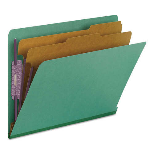SMD26785 - Smead - End Tab Pressboard Classification Folders, Six SafeSHIELD Fasteners, 2&quot; Expansion, 2 Dividers, Letter Size, Green, 10/Box
