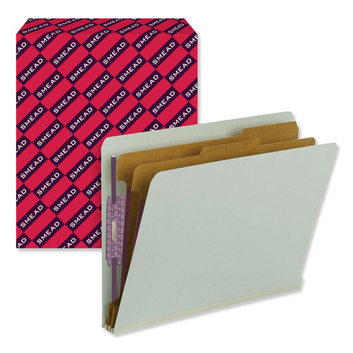 SMD26810 - Smead - End Tab Pressboard Classification Folders, Six SafeSHIELD Fasteners, 2&quot; Expansion, 2 Dividers, Letter Size, Gray-Green, 10/BX