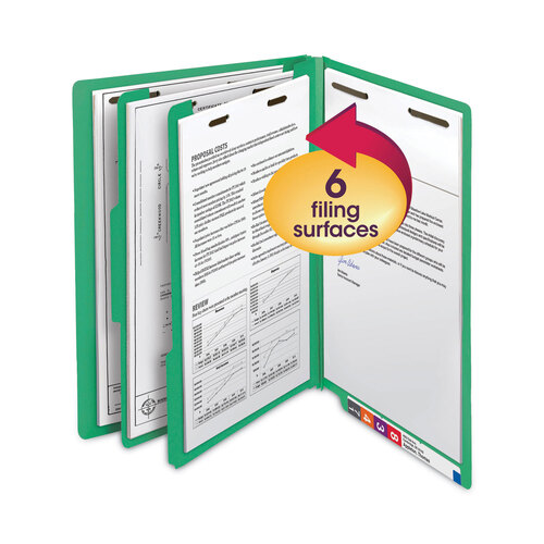 SMD26837 - Smead - Colored End Tab Classification Folders with Dividers, 2&quot; Expansion, 2 Dividers, 6 Fasteners, Letter Size, Green, 10/Box