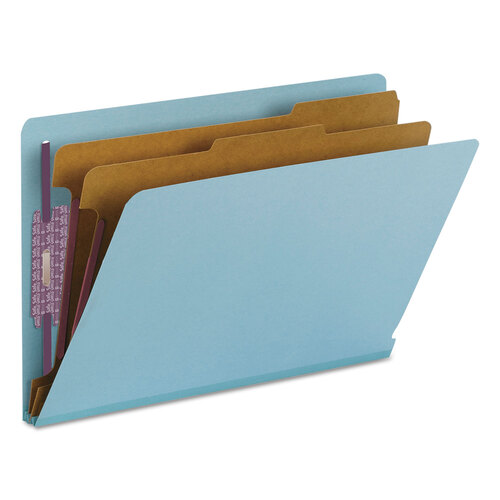 SMD29781 - Smead - End Tab Pressboard Classification Folders, Six SafeSHIELD Fasteners, 2&quot; Expansion, 2 Dividers, Legal Size, Blue, 10/Box