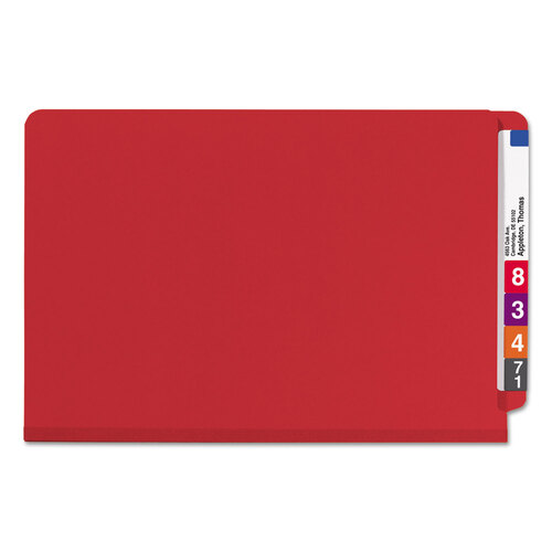 SMD29783 - Smead - End Tab Pressboard Classification Folders, Six SafeSHIELD Fasteners, 2&quot; Expansion, 2 Dividers, Legal Size, Bright Red, 10/Box