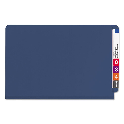 SMD29784 - Smead - End Tab Pressboard Classification Folders, Six SafeSHIELD Fasteners, 2&quot; Expansion, 2 Dividers, Legal Size, Dark Blue, 10/Box