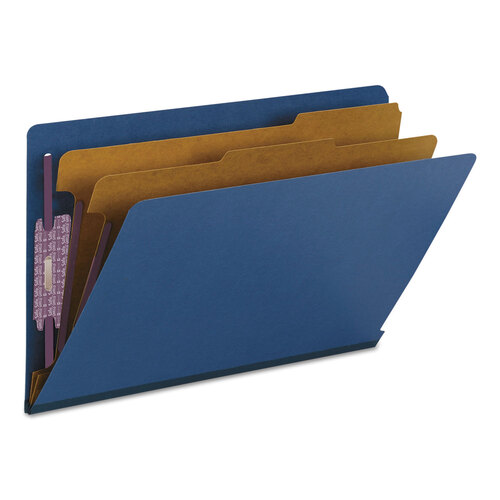SMD29784 - Smead - End Tab Pressboard Classification Folders, Six SafeSHIELD Fasteners, 2&quot; Expansion, 2 Dividers, Legal Size, Dark Blue, 10/Box