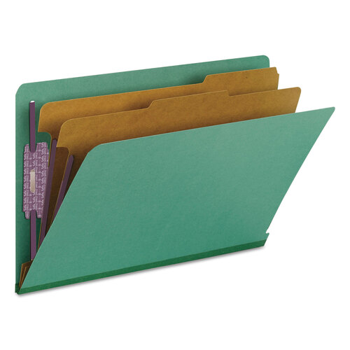 SMD29785 - Smead - End Tab Pressboard Classification Folders, Six SafeSHIELD Fasteners, 2&quot; Expansion, 2 Dividers, Legal Size, Green, 10/Box