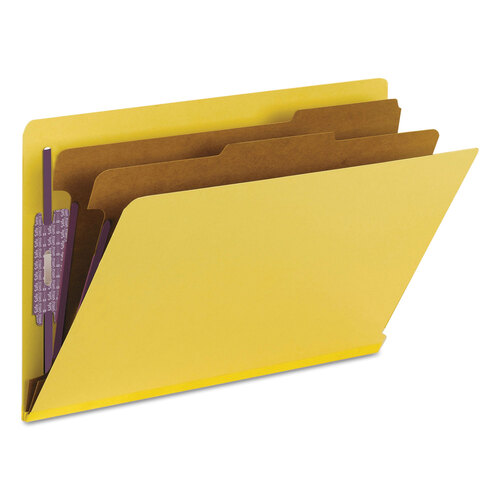 SMD29789 - Smead - End Tab Pressboard Classification Folders, Six SafeSHIELD Fasteners, 2&quot; Expansion, 2 Dividers, Legal Size, Yellow, 10/Box