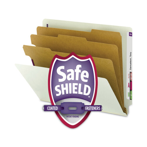 SMD29820 - Smead - End Tab Pressboard Classification Folders, Eight SafeSHIELD Fasteners, 3&quot; Expansion, 3 Dividers, Legal Size, Gray-Green,10/BX