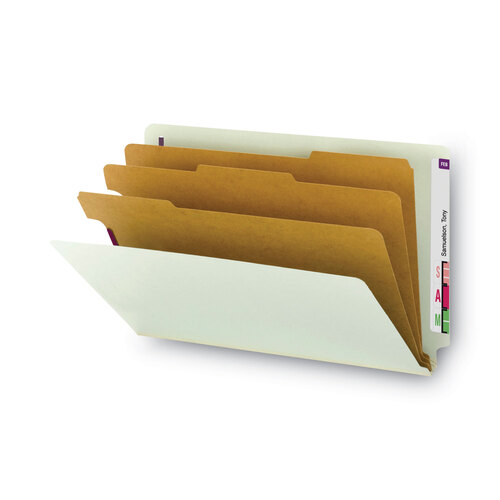 SMD29820 - Smead - End Tab Pressboard Classification Folders, Eight SafeSHIELD Fasteners, 3&quot; Expansion, 3 Dividers, Legal Size, Gray-Green,10/BX