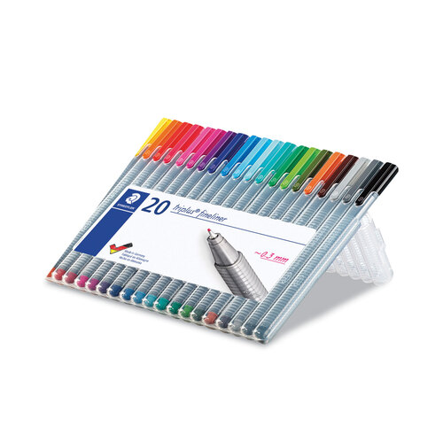 STD334SB20A6 - Staedtler - Triplus Fineliner Porous Point Pen, Stick, Extra-Fine 0.3 mm, Assorted Ink Colors, Silver Barrel, 20/Pack