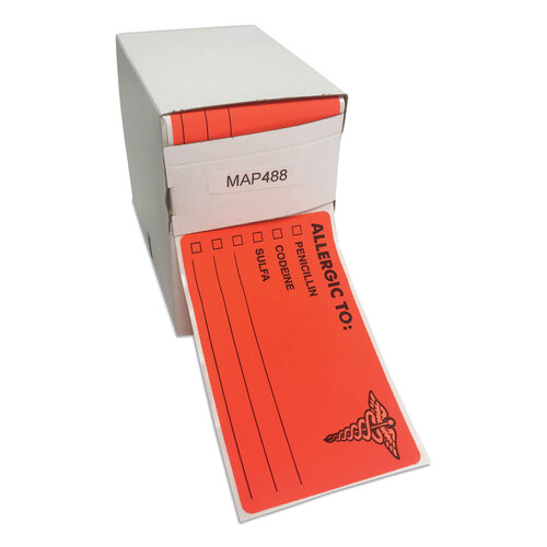 TAB00488 - Tabbies - Allergy Warning Labels, ALLERGIC TO: PENICILLN, CODEINE, SULFA, 2.5 x 4, Fluorescent Red, 100/Roll