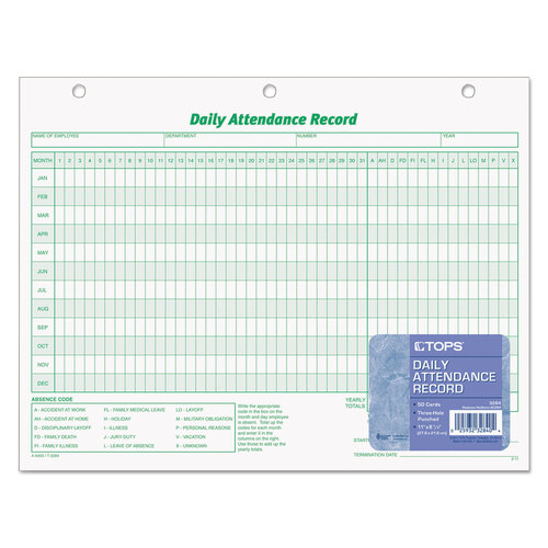 TOP3284 - Tops - Daily Attendance Card, One-Part (No Copies), 11 x 8.5, 50 Forms Total