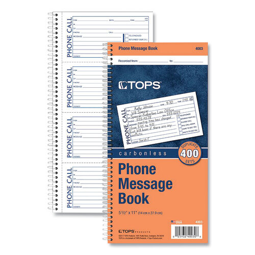 TOP4003 - Tops - Spiralbound Message Book, Two-Part Carbonless, 5 x 2.75, 4 Forms/Sheet, 400 Forms Total