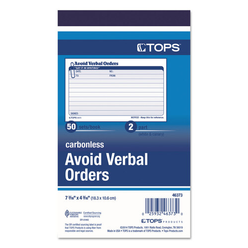TOP46373 - Tops - Avoid Verbal Orders Manifold Book, Two-Part Carbonless, 6.25 x 4.25, 50 Forms Total