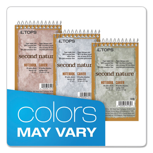 TOP74135 - Tops - Second Nature Wirebound Notepads, Narrow Rule, Randomly Assorted Cover Colors, 50 White 3 x 5 Sheets