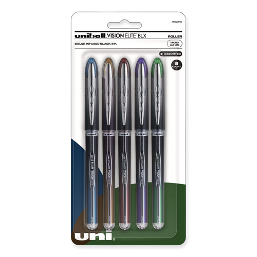 Uni-Ball VISION ELITE BLX Series Roller Ball Pen, Stick, Micro 0.5 mm,  Assorted Ink and Barrel Colors, 5/Pack