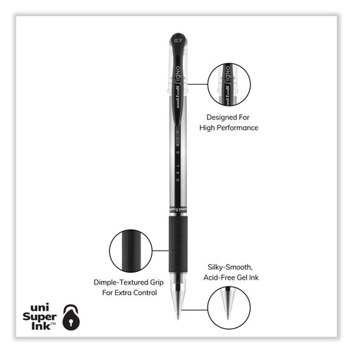 Uni-Ball Signo Grip Gel Pen, Stick, Medium 0.7 mm, Black Ink, Silver/Black Barrel, Dozen