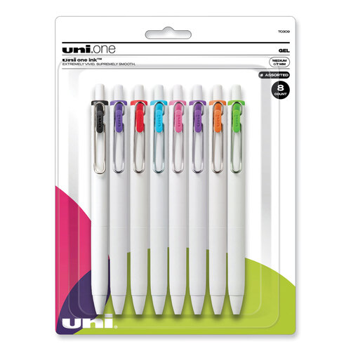 UBC70309 - Uni-Ball - uniONE Gel Pen, Retractable, Medium 0.7 mm, Assorted Inspirational Ink Colors, Assorted Barrel Colors, 8/Pack