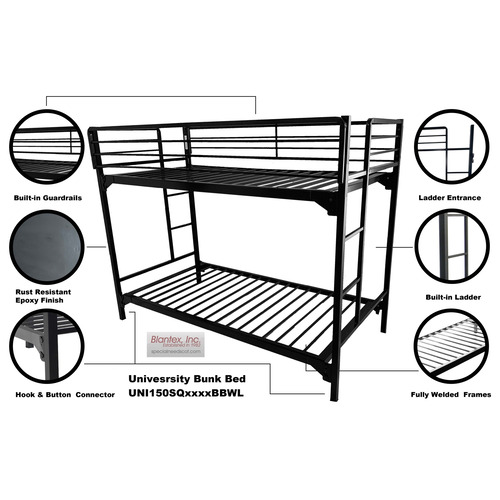 BLAUNI150SQ3075BBwL - Blantex - Blantex University 1.5" Heavy Duty Steel Bunk Bed with Built-in Guardrails & Ladders, 30" x 75"