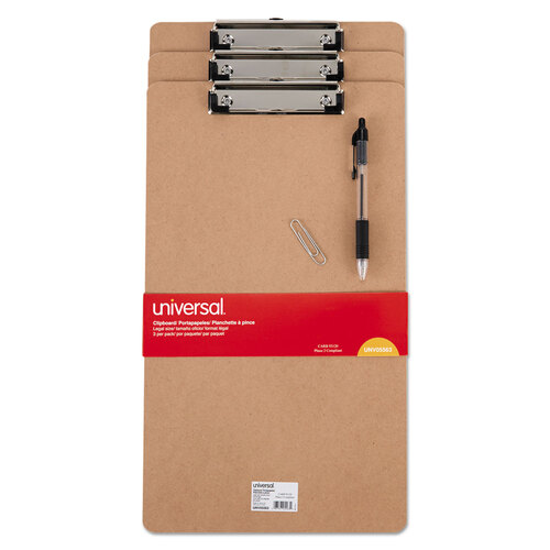 UNV05563 - Universal - Hardboard Clipboard with Low-Profile Clip, 0.5&quot; Clip Capacity, Holds 8.5 x 14 Sheets, Brown, 3/Pack