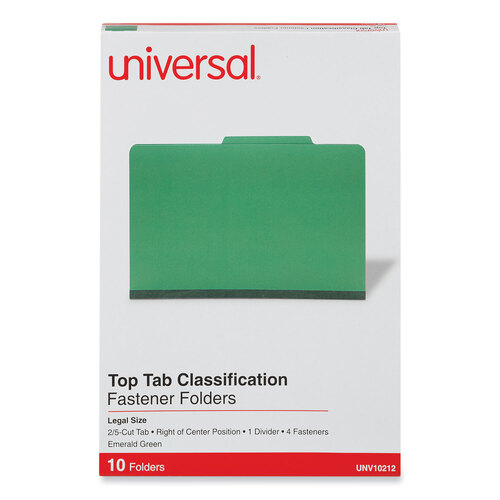UNV10212 - Universal - Bright Colored Pressboard Classification Folders, 2&quot; Expansion, 1 Divider, 4 Fasteners, Legal Size, Emerald Green, 10/Box