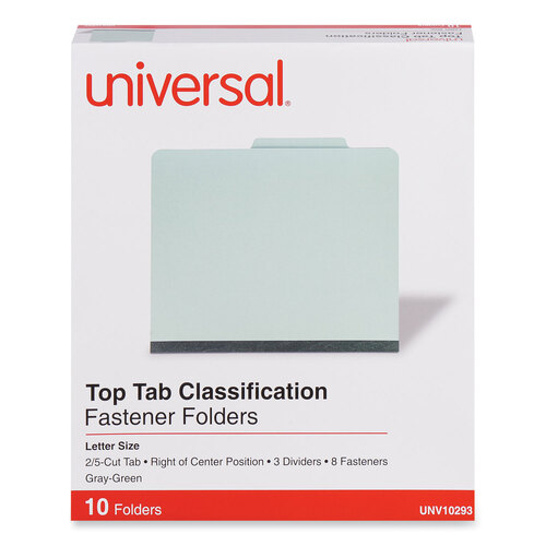UNV10293 - Universal - Eight-Section Pressboard Classification Folders, 3&quot; Expansion, 3 Dividers, 8 Fasteners, Letter Size, Gray-Green, 10/Box