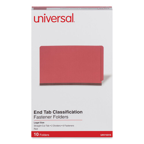 UNV10316 - Universal - Red Pressboard End Tab Classification Folders, 2&quot; Expansion, 2 Dividers, 6 Fasteners, Legal Size, Red Exterior, 10/Box