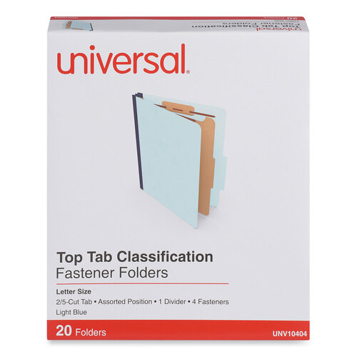 UNV10404 - Universal - Four-Section Pressboard Classification Folders, 1.75&quot; Expansion, 1 Divider, 4 Fasteners, Letter Size, Light Blue, 20/Box
