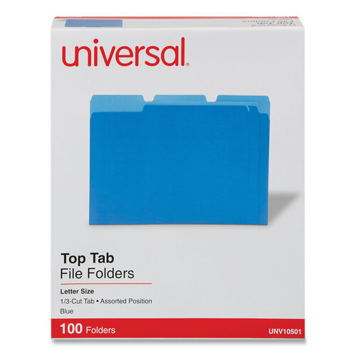 UNV10501 - Universal - Deluxe Colored Top Tab File Folders, 1/3-Cut Tabs: Assorted, Letter Size, Blue/Light Blue, 100/Box