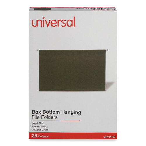 UNV14153 - Universal - Box Bottom Hanging File Folders, 3&quot; Capacity, Legal Size, 1/5-Cut Tabs, Standard Green, 25/Box