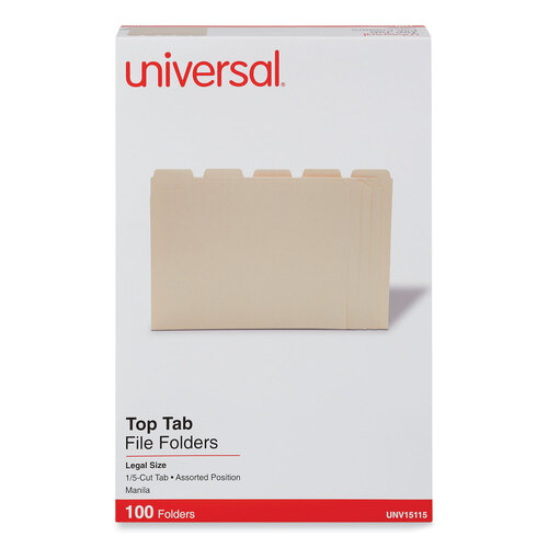 UNV15115 - Universal - Top Tab File Folders, 1/5-Cut Tabs: Assorted, Legal Size, 0.75&quot; Expansion, Manila, 100/Box