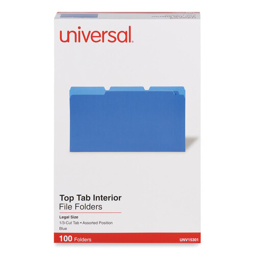 UNV15301 - Universal - Interior File Folders, 1/3-Cut Tabs: Assorted, Legal Size, 11-pt Stock, Blue, 100/Box