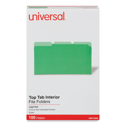 UNV15302 - Universal - Interior File Folders, 1/3-Cut Tabs: Assorted, Legal Size, 11-pt Stock, Green, 100/Box