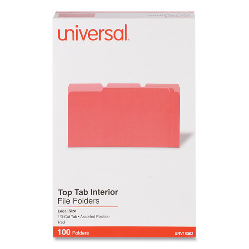 UNV15303 - Universal - Interior File Folders, 1/3-Cut Tabs: Assorted, Legal Size, 11-pt Stock, Red, 100/Box