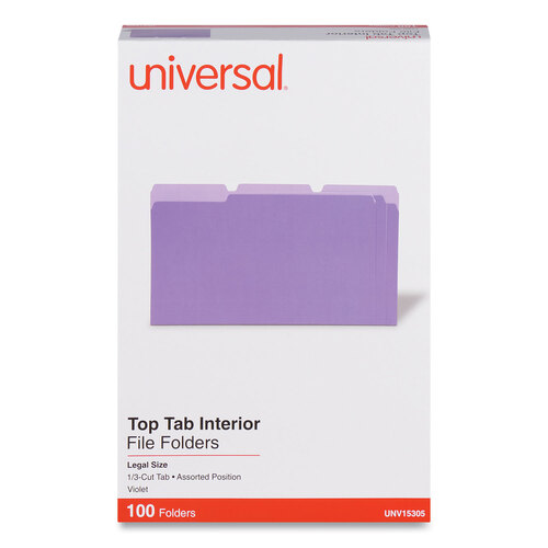 UNV15305 - Universal - Interior File Folders, 1/3-Cut Tabs: Assorted, Legal Size, 11-pt Stock, Violet, 100/Box