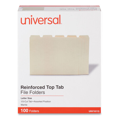 UNV16115 - Universal - Double-Ply Top Tab Manila File Folders, 1/5-Cut Tabs: Assorted, Letter Size, 0.75&quot; Expansion, Manila, 100/Box