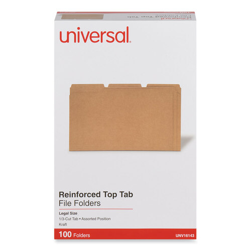 UNV16143 - Universal - Reinforced Kraft Top Tab File Folders, 1/3-Cut Tabs: Assorted, Legal Size, 0.75&quot; Expansion, Brown, 100/Box