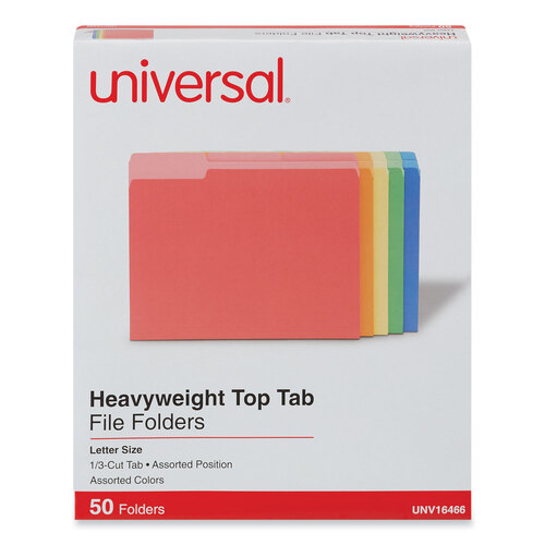 UNV16466 - Universal - Deluxe Heavyweight File Folders, 1/3-Cut Tabs: Assorted, Letter Size, 0.75&quot; Expansion, Assorted Colors, 50/Box