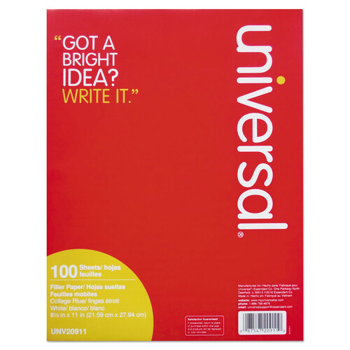UNV20911 - Universal - Filler Paper, 3-Hole, 8.5 x 11, Medium/College Rule, 100/Pack
